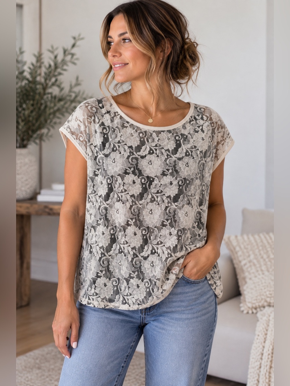 NWT BLK DNM Floral Lace Sheer Blouse Cream Black Size Small